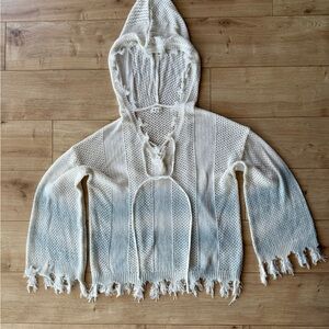 POL Boho Open Knit Hoodie Sweater Blue Ivory Fringe Hem Small Boho Indie